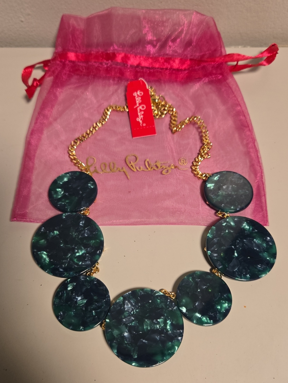 Lilly Pulitzer Teal Marbled Disc Necklace with Gold Chain - Picture 2 of 4